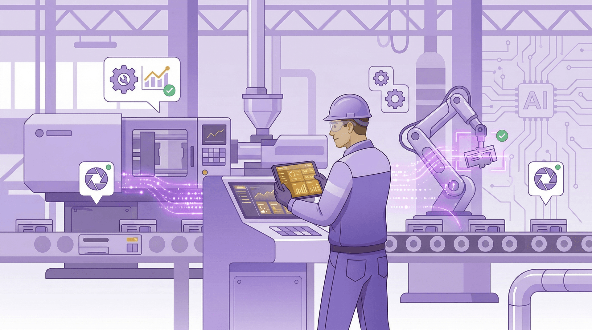 KI in der Produktion: Industriehalle mit KI-gestützten Prozessen und automatischer Dokumentation