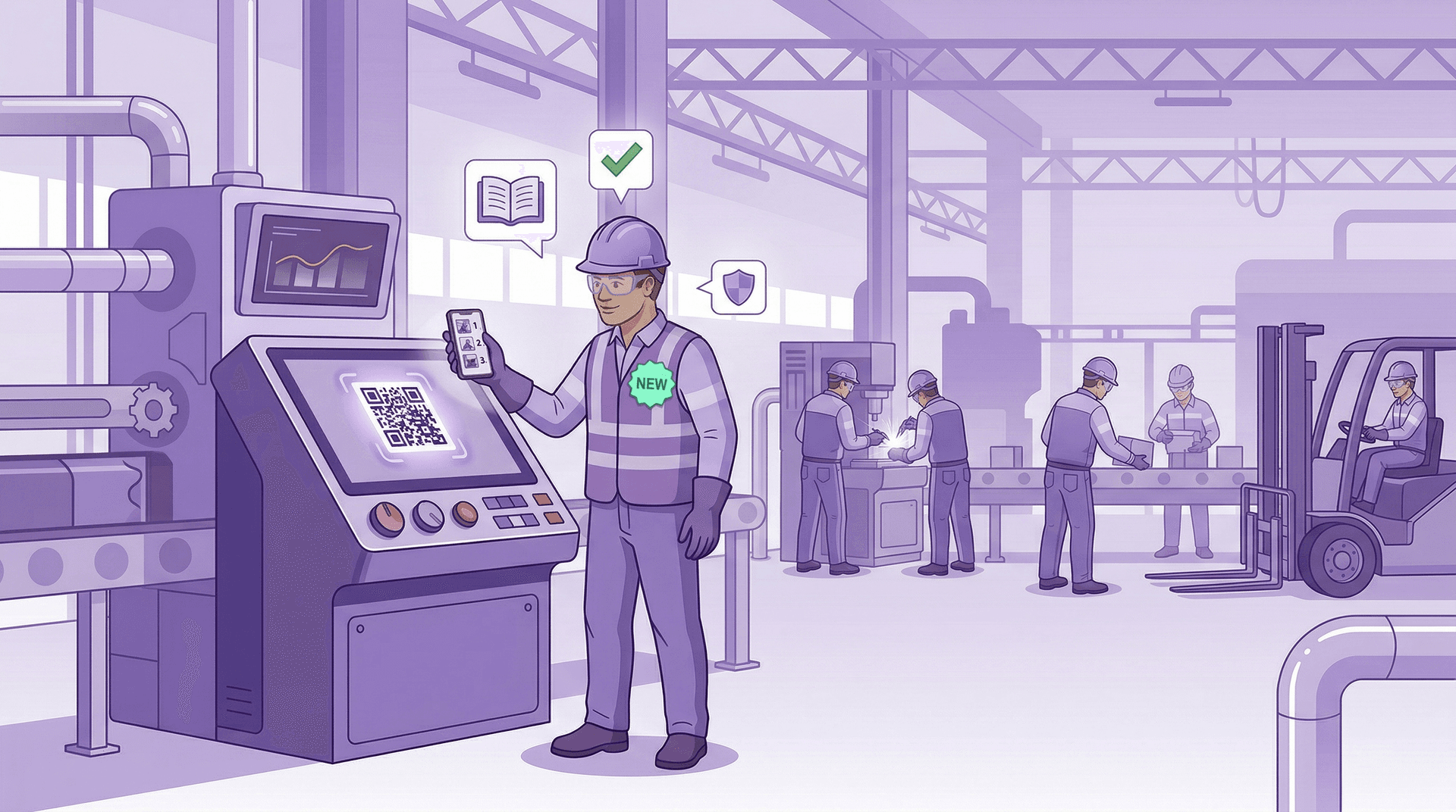 Neuer Mitarbeiter scannt QR-Code an der Maschine und sieht visuelle Arbeitsanweisung auf dem Smartphone