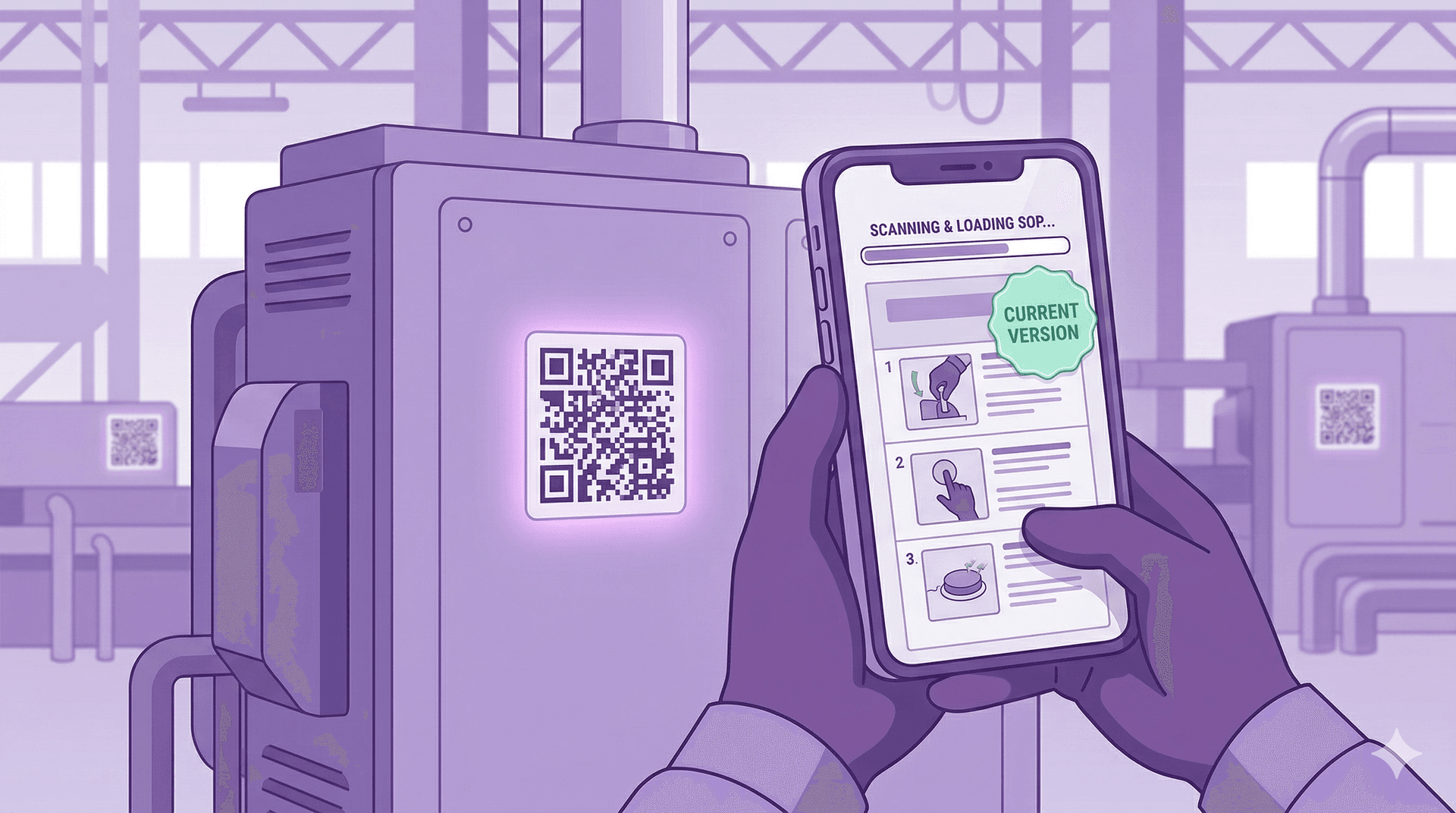 QR-Code an der Maschine: Mitarbeiter scannt Code und sieht sofort die aktuelle Arbeitsanweisung